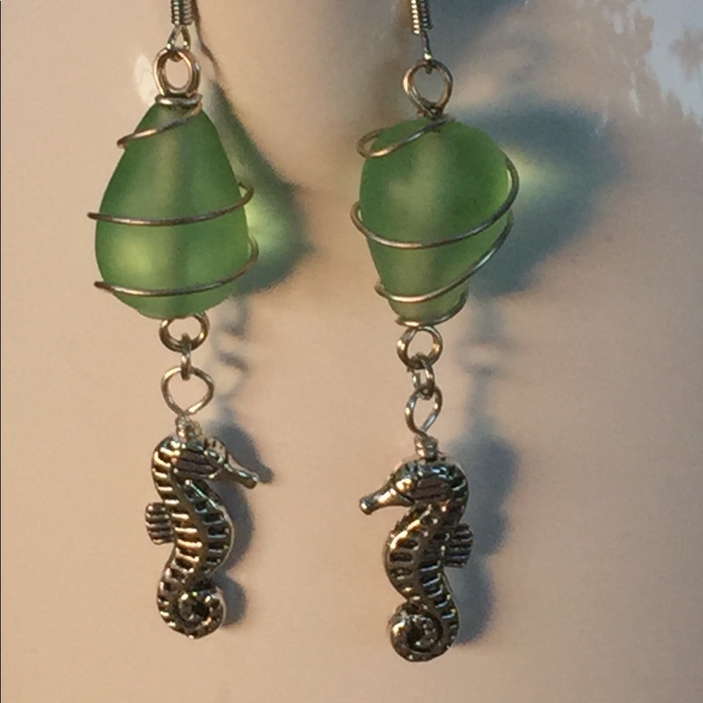 Wire wrapped Sea-Glass and Seahorse earrings